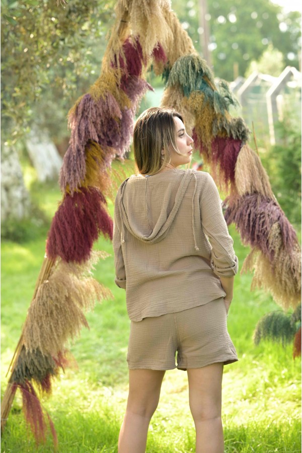 TOPRAK KAPÜŞONLU UNISEX MÜSLİN GÖMLEK - TOPRAK RENGİ